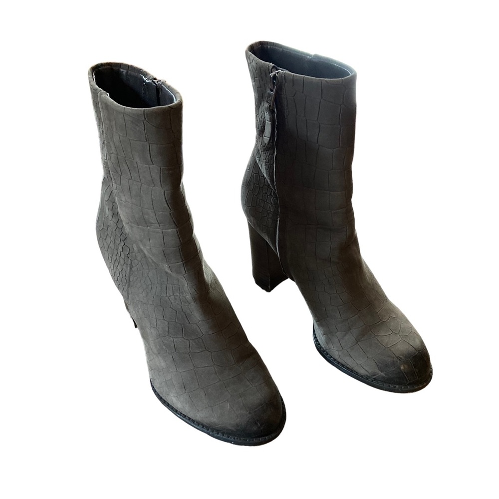 Sam Edelman Size 7 Gray Leather Croc Embossed Reyes Heeled Side Zip Boots